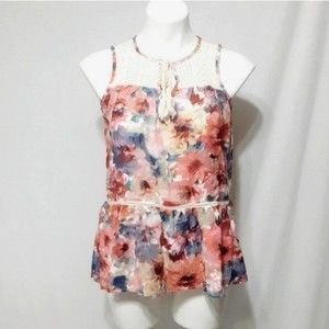Cupio Floral Print Cottagecore Sleeveless Lace Trim Swing Peplum Tank Top Small